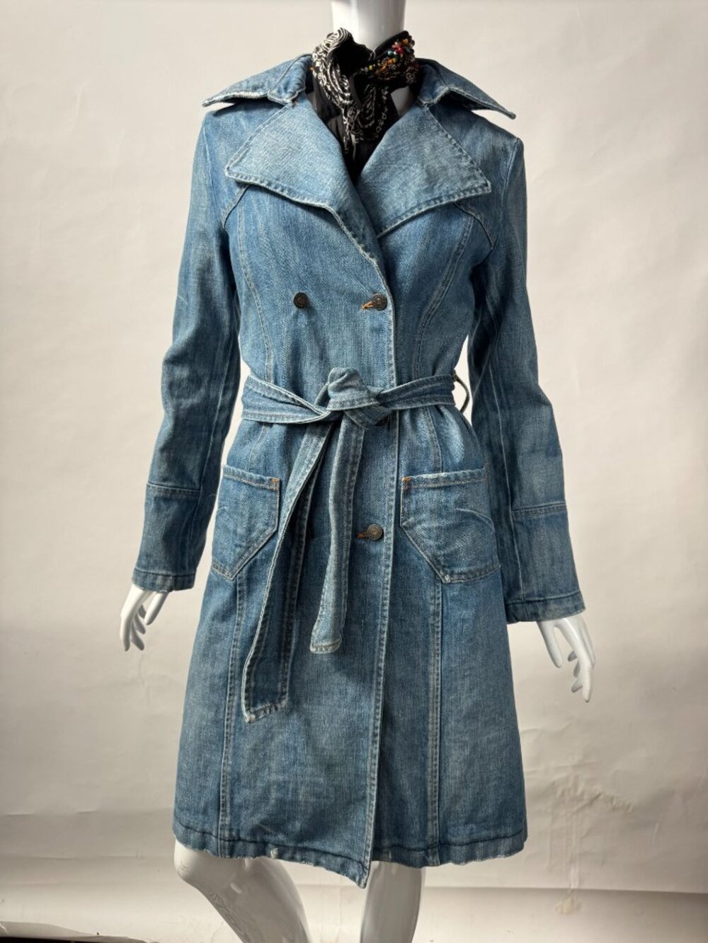 James Womens Denim Trench Coat Double-Breasted Belted Long Jacket Size S Made In